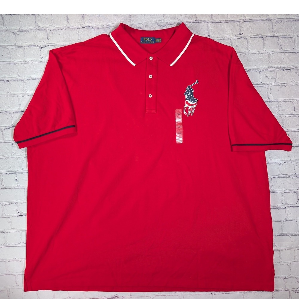 Polo Ralph Lauren Polo Shirt Mens 4XB Cotton Red Big Pony American Flag Logo